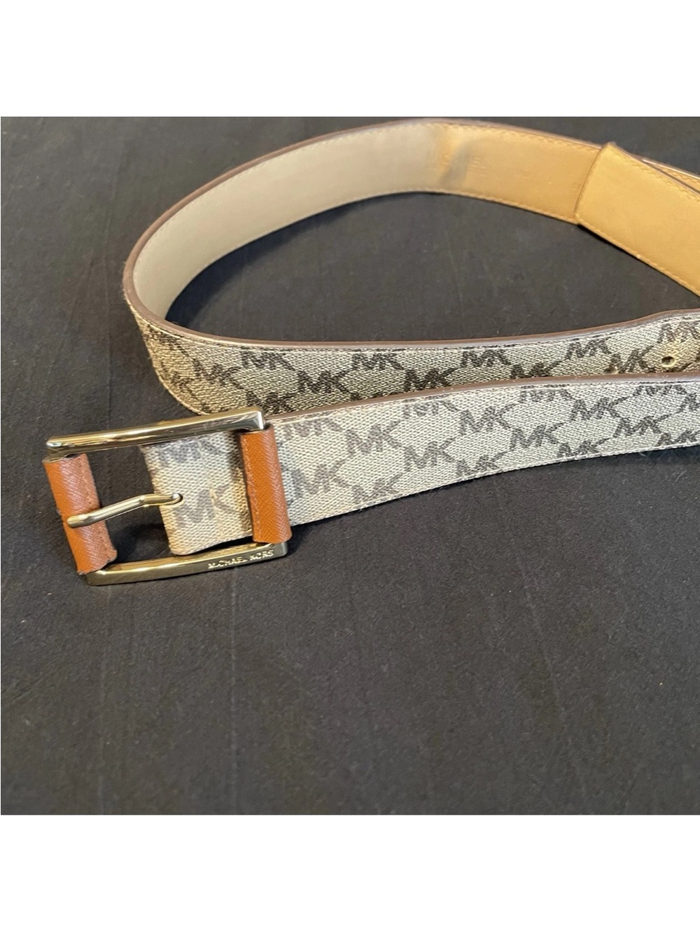 MICHAEL KORS Brown SIGNATURE MK LOGO Gold Hardware FAUX LEATHER Belt Sz Med